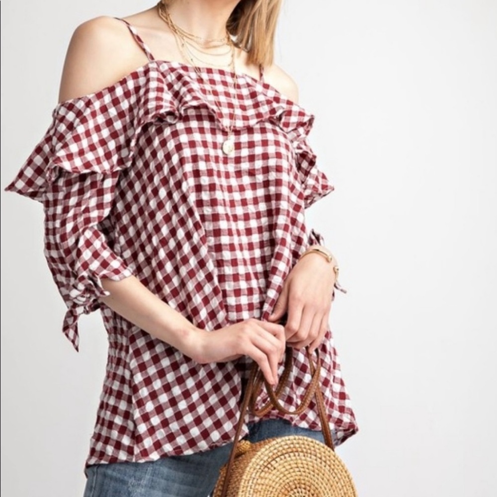 Gingham  Ruffle Blouse Top - Picture 2 of 10